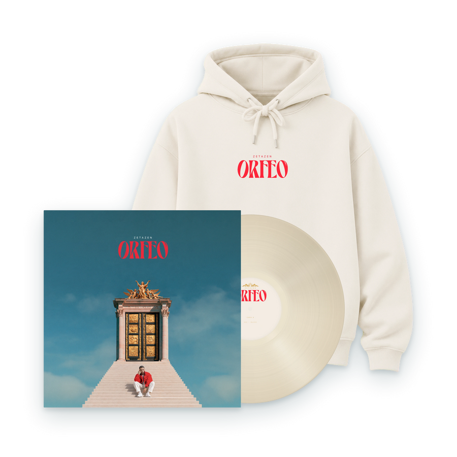 Pack ORFEO: sudadera color hueso con ORFEO bordado en rojo, la portada y el vinilo asomando