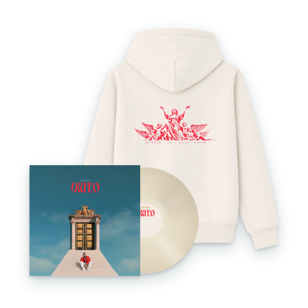 Pack ORFEO: espalda de la sudadera con la escultura, la portada y el vinilo