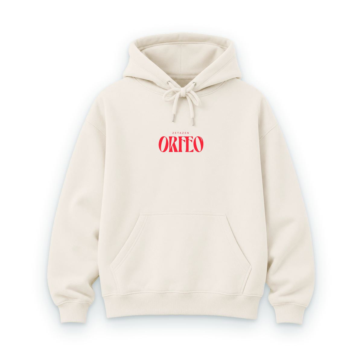 Sudadera ORFEO color hueso con el logo ORFEO bordado en rojo, frente