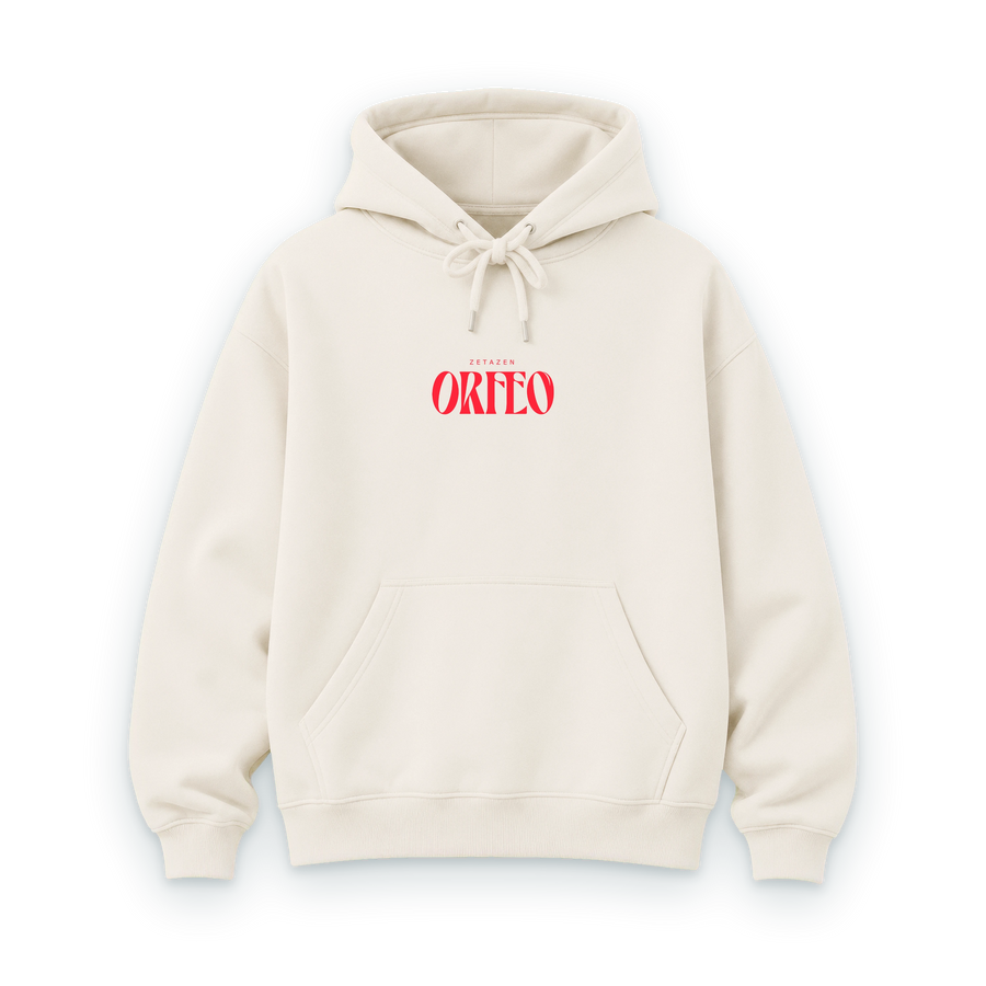 Sudadera ORFEO color hueso con el logo ORFEO bordado en rojo, frente