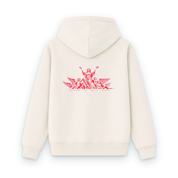 Sudadera ORFEO color hueso, espalda con la escultura