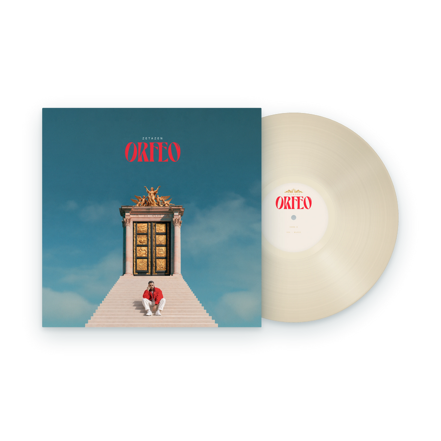 Vinilo ORFEO: la portada y el disco blanco hueso saliendo de la funda, galleta cara A