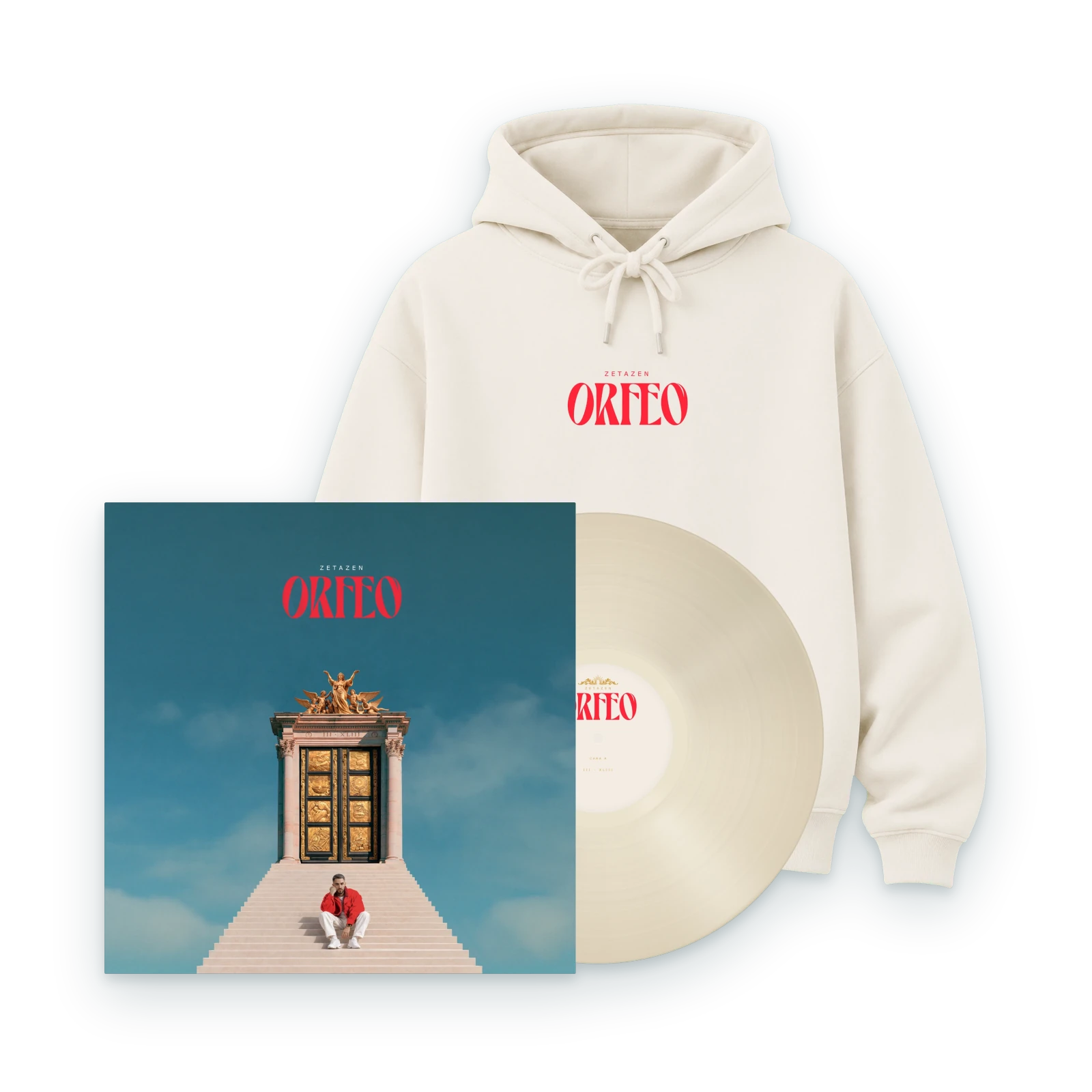 Pack ORFEO: sudadera color hueso con ORFEO bordado en rojo, la portada y el vinilo asomando